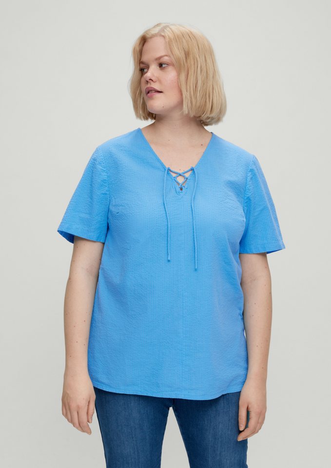 TRIANGLE Kurzarmbluse Bluse aus Seersucker Stickerei von TRIANGLE