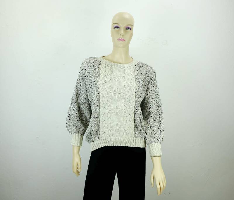 True Vintage Pullover Sommerpullover 80Er Zopfmuster Materialmix Oversize Gr. M Einzelstück Handgestrickt von TRICoVINTAGE
