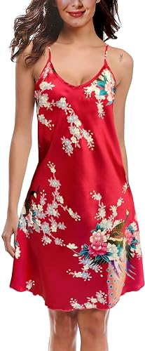 TRIFOLIUM Kimono - Seidiger Satin-Bademantel mit Pfauen- & Blumenmuster Chemise Rot Fabrikschild M DE 40-42 (NG8701-M-RD-NT) von TRIFOLIUM