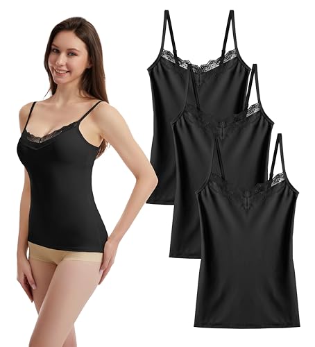 TRIFOLIUM Chic Lace Trim Camisole - Damen V-Ausschnitt Slim-Fit Tank Top für Komfort & Stil 3er-Pack Schwarz Fabrikschild S DE 32-34 (1840-S-BK-3P) von TRIFOLIUM