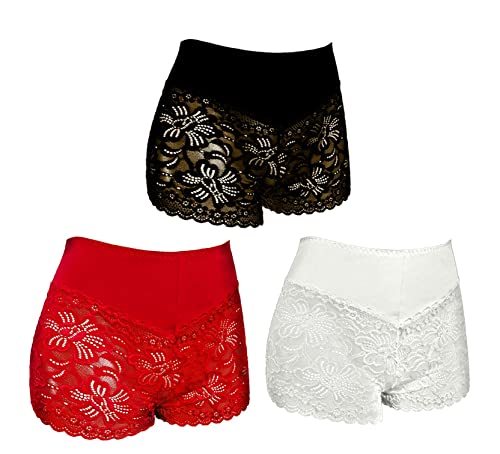 TRIFOLIUM Hoch taillierte französische Panties Blumen-Spitzenhöschen Dehnbare transparente Unterhosen 3 Pack (Schwarz Rot Weiß) DE 42-44 Fabriketikett XL (6286-3P-BK-RD-WT-XL) von TRIFOLIUM