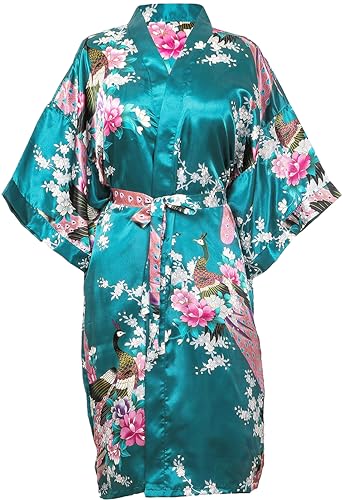 TRIFOLIUM Kimono-Robe aus seidigem Pfau-Satin-Nachthemd, Bademantel, Hochzeits-Nachthemd. Blaugrün DE 50-52 (Fabrikgrößea XL UK22-24) NG8701-1 P-XL-TealBL von TRIFOLIUM