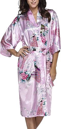 TRIFOLIUM Kimono-Robe aus seidigem Pfau-Satin-Nachthemd, Bademantel, Hochzeits-Nachthemd. Hellrosa DE 46-48 (Fabrikgrößea L UK18-20) NG8701-1 P-L-LPK von TRIFOLIUM