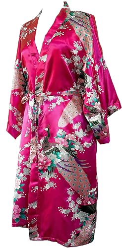 TRIFOLIUM Kimono-Robe aus seidigem Pfau-Satin-Nachthemd, Bademantel, Hochzeits-Nachthemd. Knallrosa DE 50-52 (Fabrikgrößea XL UK22-24) NG8701-1 P-XL-HPK von TRIFOLIUM