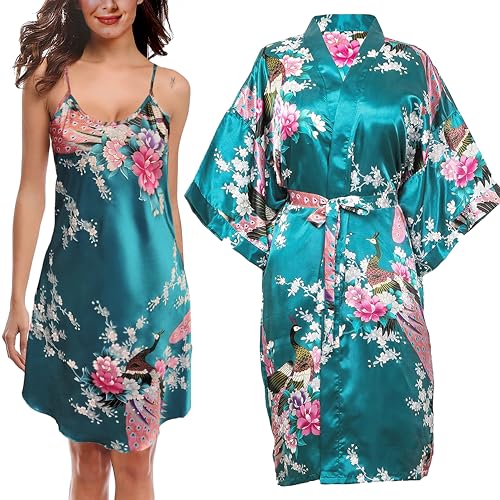 TRIFOLIUM Kimono-Robe und Chemise aus seidigem Pfau-Satin-Nachthemd, Bademantel, Hochzeit-Negligé, Nachthemd Blaugrün DE 50-52 (Fabrikgrößea XL UK22-24) NG8701-2 P-XL-TealBL von TRIFOLIUM