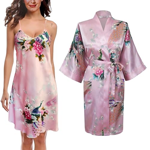 TRIFOLIUM Kimono-Robe und Chemise aus seidigem Pfau-Satin-Nachthemd, Bademantel, Hochzeit-Negligé, Nachthemd Hellrosa DE 38-40 (Fabrikgrößea S UK10-12) NG8701-2 P-S-LPK von TRIFOLIUM