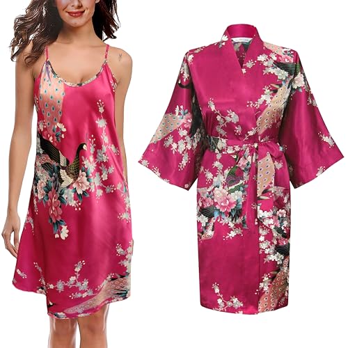 TRIFOLIUM Kimono-Robe und Chemise aus seidigem Pfau-Satin-Nachthemd, Bademantel, Hochzeit-Negligé, Nachthemd Knallrosa DE 46-48 (Fabrikgrößea L UK18-20) NG8701-2 P-L-HPK von TRIFOLIUM