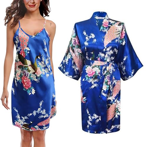 TRIFOLIUM Kimono-Robe und Chemise aus seidigem Pfau-Satin-Nachthemd, Bademantel, Hochzeit-Negligé, Nachthemd Königsblau DE 50-52 (Fabrikgrößea XL UK22-24) NG8701-2 P-XL-RBL von TRIFOLIUM