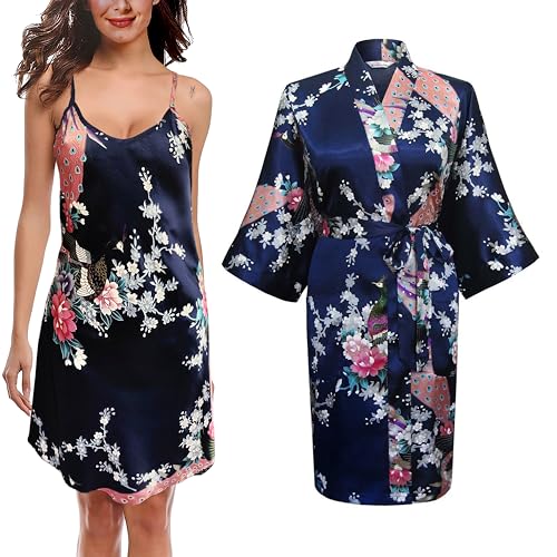 TRIFOLIUM Kimono-Robe und Chemise aus seidigem Pfau-Satin-Nachthemd, Bademantel, Hochzeit-Negligé, Nachthemd Marineblau DE 34-36 (Fabrikgrößea XS UK06-08) NG8701-2 P-XS-NV von TRIFOLIUM