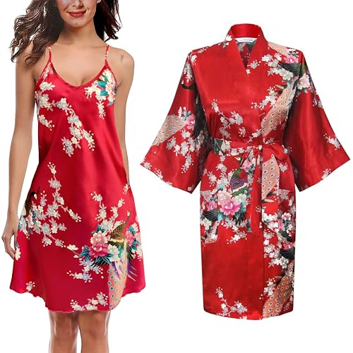 TRIFOLIUM Kimono - Seidiger Satin-Bademantel mit Pfauen- & Blumenmuster Kimono + Chemise Rot Fabrikschild XL DE 48-50 (NG8701-XL-RD-2PC) von TRIFOLIUM