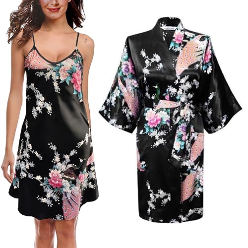 TRIFOLIUM Kimono-Robe und Chemise aus seidigem Pfau-Satin-Nachthemd, Bademantel, Hochzeit-Negligé, Nachthemd Schwarz DE 50-52 (Fabrikgrößea XL UK22-24) NG8701-2 P-XL-BK von TRIFOLIUM