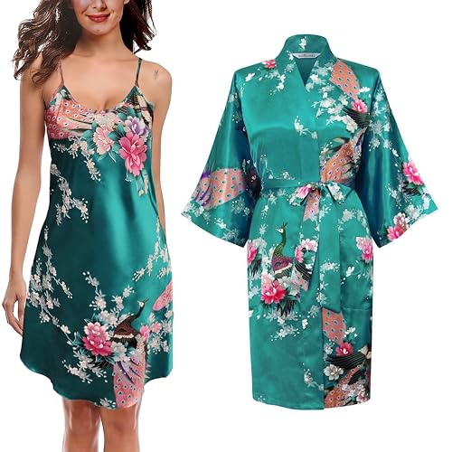 TRIFOLIUM Kimono-Robe und Chemise aus seidigem Pfau-Satin-Nachthemd, Bademantel, Hochzeit-Negligé, Nachthemd Türkis DE 50-52 (Fabrikgrößea XL UK22-24) NG8701-2 P-XL-TQ von TRIFOLIUM