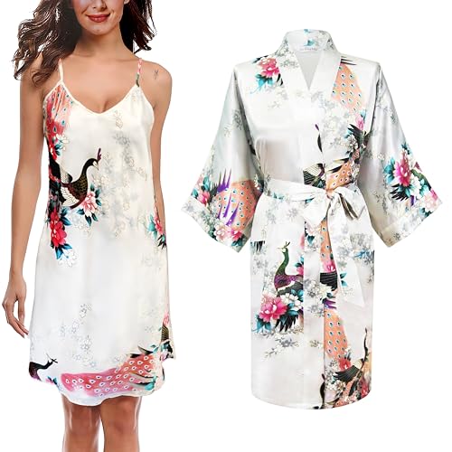 TRIFOLIUM Kimono-Robe und Chemise aus seidigem Pfau-Satin-Nachthemd, Bademantel, Hochzeit-Negligé, Nachthemd Weiß DE 46-48 (Fabrikgrößea L UK18-20) NG8701-2 P-L-WT von TRIFOLIUM