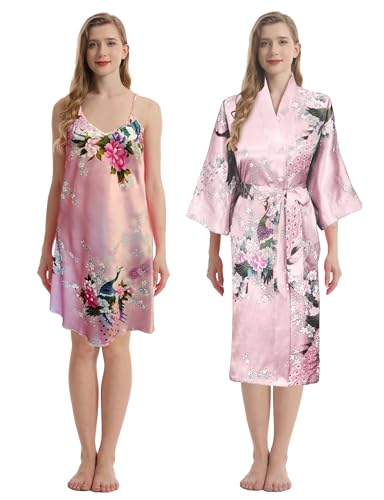 TRIFOLIUM Kimono - Seidiger Satin-Bademantel mit Pfauen- & Blumenmuster Kimono + Chemise Babyrosa Fabrikschild M DE 40-42 (NG8701-M-LPK-2PC) von TRIFOLIUM