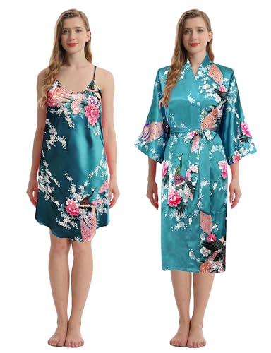 TRIFOLIUM Kimono - Seidiger Satin-Bademantel mit Pfauen- & Blumenmuster Kimono + Chemise Blaugrün Fabrikschild XL DE 48-50 (NG8701-XL-TealBL-2PC) von TRIFOLIUM