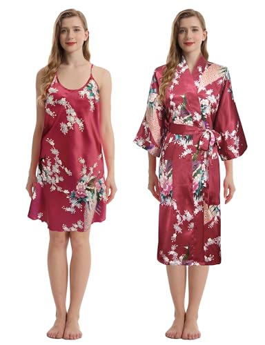 TRIFOLIUM Kimono - Seidiger Satin-Bademantel mit Pfauen- & Blumenmuster Kimono + Chemise Weinrot Fabrikschild XL DE 48-50 (NG8701-XL-WRD-2PC) von TRIFOLIUM