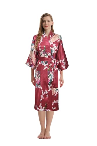 TRIFOLIUM Kimono - Seidiger Satin-Bademantel mit Pfauen- & Blumenmuster Kimono Weinrot Fabrikschild M DE 40-42 (NG8701-M-WRD-1PC) von TRIFOLIUM