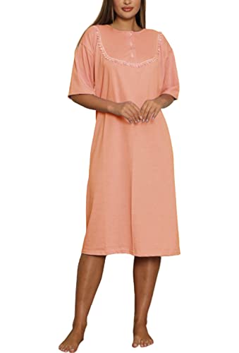 TRIFOLIUM Nachthemd für Damen mit Kurzarm Ärmeln, Knopfleiste, aus 100% Baumwolle mit floralem Besatz Orange DE 44-46 (Herstellergröße XL UK16-18) NT1040-XL-ORG von TRIFOLIUM