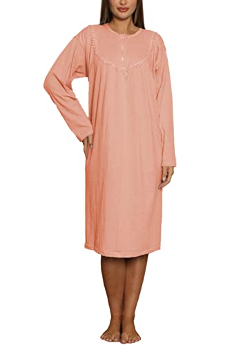 TRIFOLIUM Nachthemd für Damen mit Langarm Ärmeln, Knopfleiste, aus 100% Baumwolle mit floralem Besatz Orange DE 48-50 (Herstellergröße XXXL UK20-22) NT1041-XXXL-ORG von TRIFOLIUM