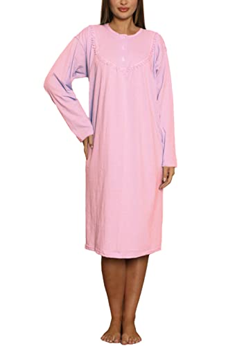 TRIFOLIUM Nachthemd für Damen mit Langarm Ärmeln, Knopfleiste, aus 100% Baumwolle mit floralem Besatz Rosa DE 46-48 (Herstellergröße XXL UK18-20) NT1041-XXL-PK von TRIFOLIUM