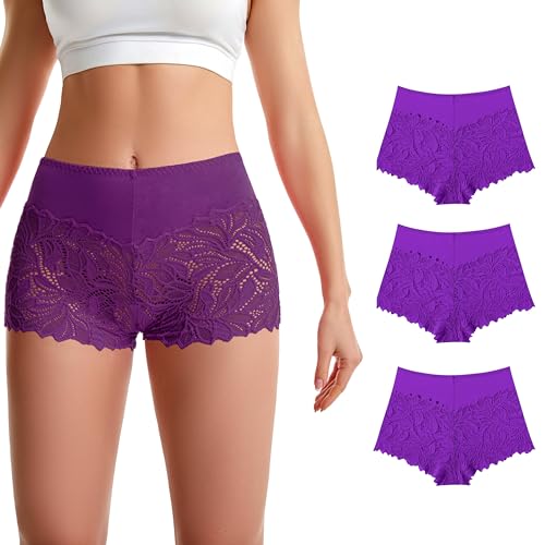 Trifolium Hohe Taille Französisch Knickers Floral Spitze Höschen Stretchy Sheer Baumwolle Unterhose Boxer, 3er-Pack (lila, lila, lila), 14-16 von TRIFOLIUM