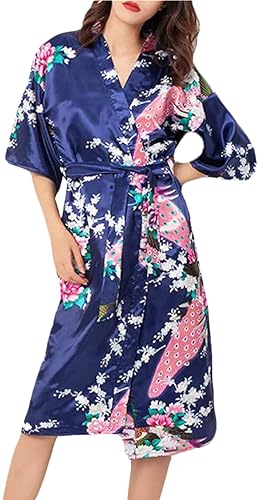 TRIFOLIUM Kimono-Robe aus seidigem Pfau-Satin-Nachthemd, Bademantel, Hochzeits-Nachthemd. Marineblau DE 50-52 (Fabrikgrößea XL UK22-24) NG8701-1 P-XL-NV von TRIFOLIUM