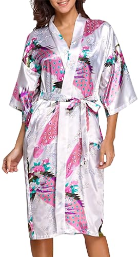 TRIFOLIUM Kimono-Robe aus seidigem Pfau-Satin-Nachthemd, Bademantel, Hochzeits-Nachthemd. Weiß DE 50-52 (Fabrikgrößea XL UK22-24) NG8701-1 P-XL-WT von TRIFOLIUM