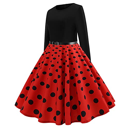 1950er Rockabilly Petticoat Kleid Damen Mittelalter Ballkleid Retro Swingkleid Cocktailkleid Tunikakleid mit Schleifenknoten Langärmliges Abendkleid mit V-Ausschnitt Tupfendruck Partykleid von TRIGLICOLEUM