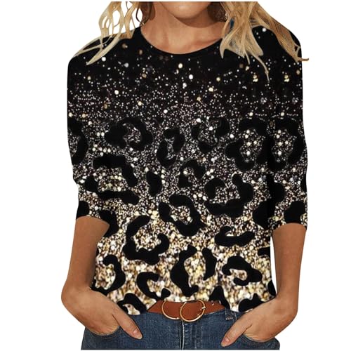 3/4 Ärmel Pullover Damen Glitzer Druck Oberteile Festlich Bluse Langarm T-Shirt Pailletten Muster Langarmshirt Leicht Basic Shirt Rundhals Pulli Tops Tunika Große Größen Abend Party Club Oberteil von TRIGLICOLEUM