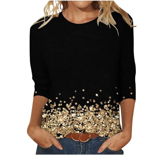 3/4 Ärmel Pullover Damen Glitzer Druck Oberteile Festlich Bluse Langarm T-Shirt Pailletten Muster Langarmshirt Leicht Basic Shirt Rundhals Pulli Tops Tunika Große Größen Abend Party Club Oberteil von TRIGLICOLEUM