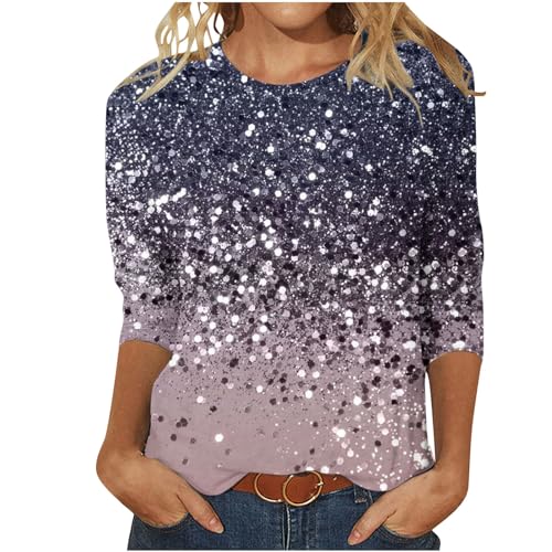 3/4 Ärmel Pullover Damen Glitzer Druck Oberteile Festlich Bluse Langarm T-Shirt Pailletten Muster Langarmshirt Leicht Basic Shirt Rundhals Pulli Tops Tunika Große Größen Abend Party Club Oberteil von TRIGLICOLEUM