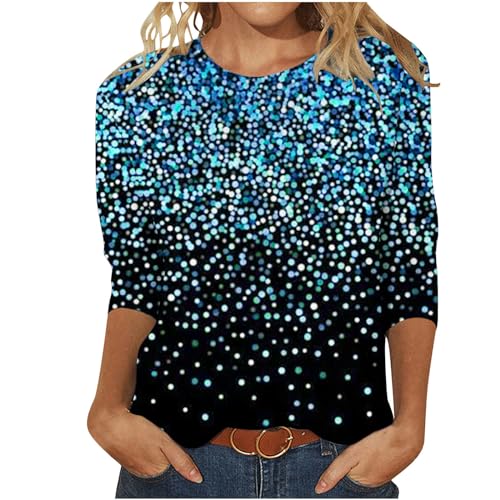 3/4 Ärmel Pullover Damen Glitzer Druck Oberteile Festlich Bluse Langarm T-Shirt Pailletten Muster Langarmshirt Leicht Basic Shirt Rundhals Pulli Tops Tunika Große Größen Abend Party Club Oberteil von TRIGLICOLEUM