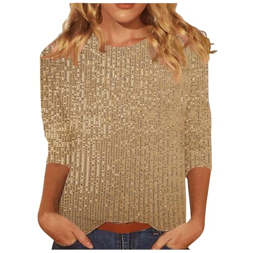 3/4 Ärmel Pullover Damen Glitzer Oberteile Festlich Bluse Langarm T-Shirt Pailletten Oberteil Langarmshirt Leicht Basic Shirt Rundhals Pulli Tops Tunika Abend Party Club Silvester Outfit Damen von TRIGLICOLEUM