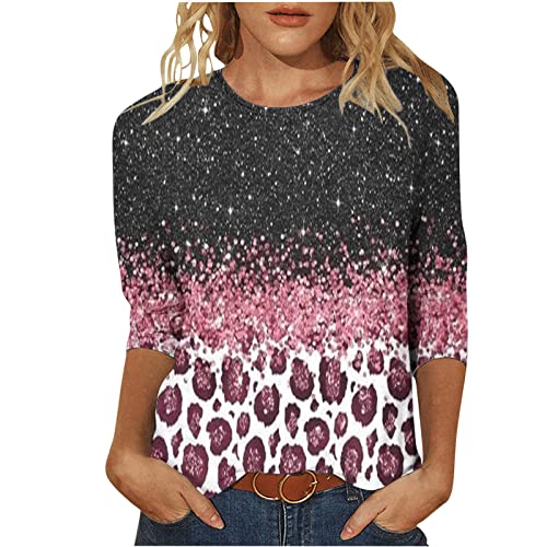 TRIGLICOLEUM 3/4 Arm Tshirt Damen Shirt Mode Leopard Druck Oberteile Bluse Sommer Basic T-Shirts Tunika Tops Rundhals Pullover T-Shirt Slim Fit Damenblusen T Shirts Longbluse Blusen & von TRIGLICOLEUM