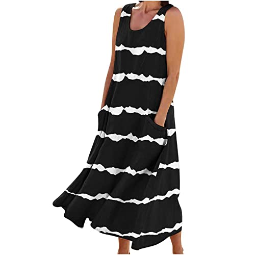 Ärmellos Baumwoll Leinen Tankkleid Damen Vintage Einfarbig Sommerkleid Gestreifte Strandkleid Lose Rundhals Maxikleid A-Linie Kleider Große Größen Langes Kleid Partykleid Freizeitkleid mit Taschen von TRIGLICOLEUM