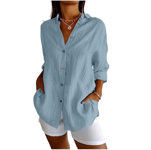 Angebote des Tages Heute, Musselin Bluse Damen 3/4 Arm Hemdbluse Longbluse Lange Lässig Einfarbig Oberteile Baumwolle Button Down Shirt Boho Blusenshirt Lose Langarmshirt Blusen & Tuniken für Damen von TRIGLICOLEUM