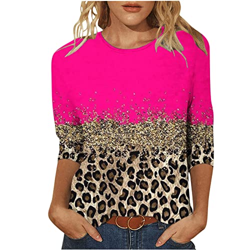 Ausgefallene Tshirts Damen 3/4 Arm Tshirt Damen Shirt Mode Leopard Druck Oberteile Bluse Sommer Basic T-Shirts Tunika Tops Rundhals Pullover T-Shirt Slim Fit Damenblusen T Shirts von TRIGLICOLEUM