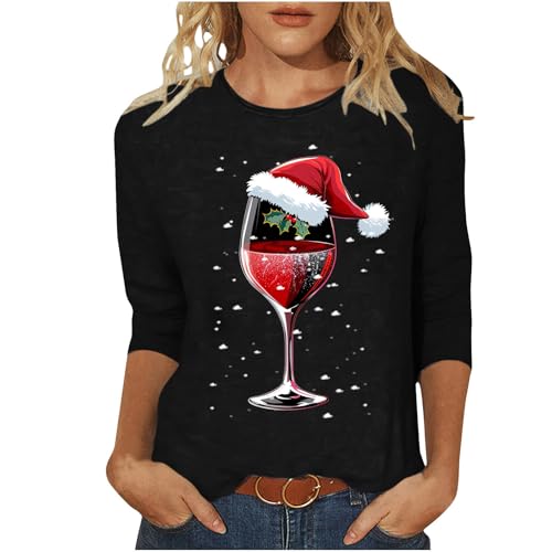 Black Friday Angebote 2024 Weihnachtsbluse Damen Lustig Weihnachtspullover 3/4 Arm Weihnachtsshirt Weinglas Druck Oberteile Weihnachten Bluse Rundhals Pullover Tops T-Shirt Langarmshirt Winter von TRIGLICOLEUM