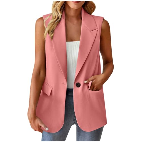 Blazer Damen Ärmellos Weste Sportlich Elegant Einfarbig Anzug Jacke Open Front Longblazer Büro Anzugjacke Knöpfen Leichte Anzugweste Revers Sweatblazer Sakko Freizeit Business Jackett mit Taschen von TRIGLICOLEUM
