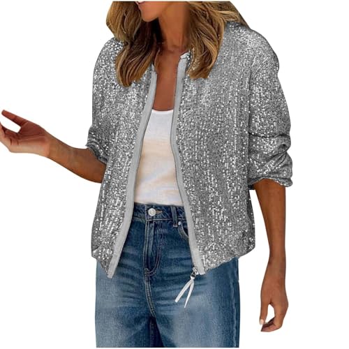 Blazer Damen Pailletten Jacke mit Glitzer Mode Leichte Mantel Langarm Anzug Winter Party Anzugjacke Übergangsjacke Cardigan Reißverschluss Jacket Kurzjacke Club Herbstjacke Einfarbig Kurze Blazerjacke von TRIGLICOLEUM