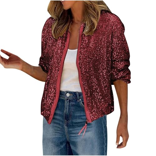 Blazer Damen Pailletten Jacke mit Glitzer Mode Leichte Mantel Langarm Anzug Winter Party Anzugjacke Übergangsjacke Cardigan Reißverschluss Jacket Kurzjacke Club Herbstjacke Einfarbig Kurze Blazerjacke von TRIGLICOLEUM
