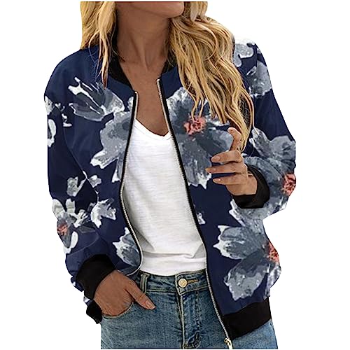 Blouson Jacke Damen Bomberjacke Frühlingsjacke Blumenmuster Leichte Sommerjacke Sommer Reißverschluss Kurz Pilotenjacke Dünne Langarm Übergangsjacke College Jacket Mädchen Fliegerjacke Damenjacke von TRIGLICOLEUM