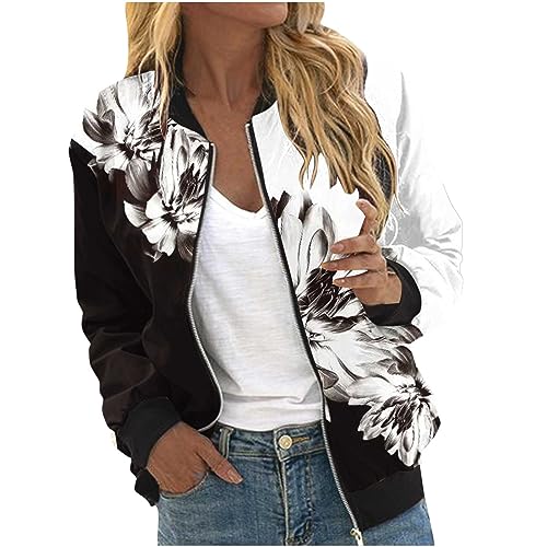 Blouson Jacke Damen Bomberjacke Frühlingsjacke Blumenmuster Leichte Sommerjacke Sommer Reißverschluss Kurz Pilotenjacke Dünne Langarm Übergangsjacke College Jacket Mädchen Fliegerjacke Damenjacke von TRIGLICOLEUM