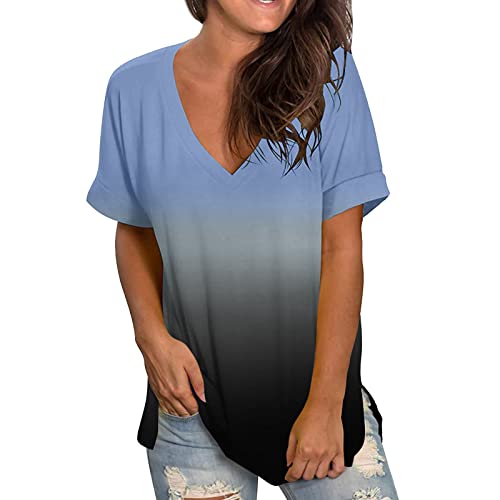 Blusen & Tuniken für Damen Tshirt Damen Farbverlauf V-Ausschnitt Oberteile Mode Kurzarm Bluse Einfarbig Longbluse Tunika Tops Locker Longtops T-Shirt Pullover Ärmellos Tanktop Shirt Große Größen von TRIGLICOLEUM