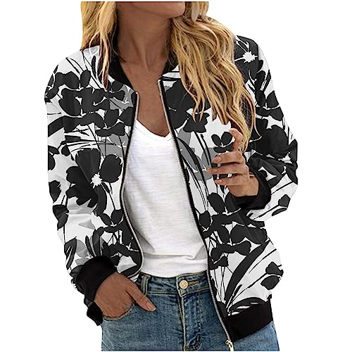 Bomberjacke Damen Frühlingsjacke Blumenmuster Leichte Sommerjacke Sommer Reißverschluss Kurz Pilotenjacke Blouson Jacke Dünne Langarm Übergangsjacke College Jacket Mädchen Fliegerjacke Damenjacke von TRIGLICOLEUM