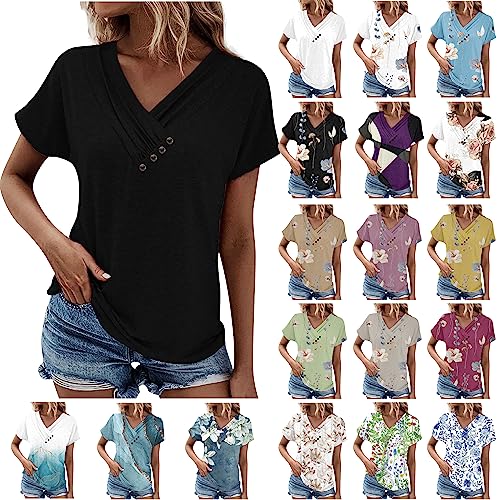 Damen Knöpfe Bluse Einfarbig Longbluse Mode Plissee Oberteile mit V-Ausschnitt Sommer Tops Kurzarm Tshirt Slim Fit Tunika Blusenshirt T-Shirt Bequem Hemdbluse Pullover Leichte Shirt Hemd für Frauen von TRIGLICOLEUM