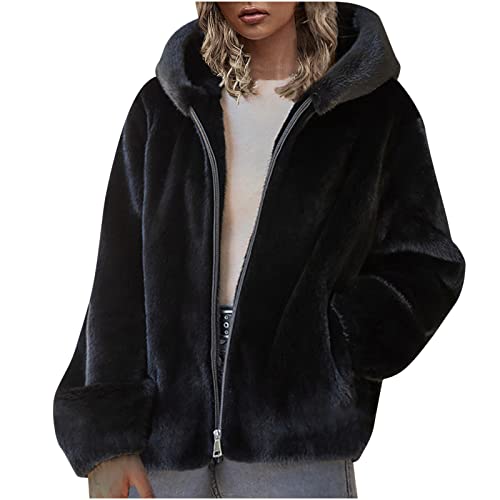 Damen Kunstfell Jacke mit Kapuze Mode Einfarbig Felljacke Dicke Warme Pelzmantel Große Größen Winterjacke Langarm Reißverschluss Pelzjacke Winter Kunstpelze Mantel Faux Fellmantel Lose Wintermantel von TRIGLICOLEUM