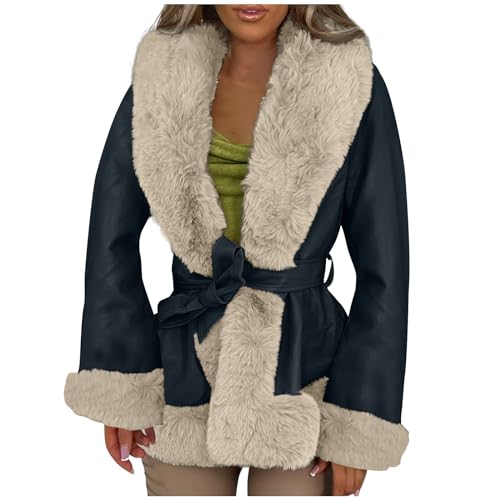 Damen Kunstfell Mantel Leder Pelzmantel mit Gürtel Dicke Warme Winterjacke Langarm Felljacke Lederjacke Einfarbig Kunstpelze Jacke Winter Pelzjacke Übergangsjacke Weich Wintermantel Lange Fellmantel von TRIGLICOLEUM