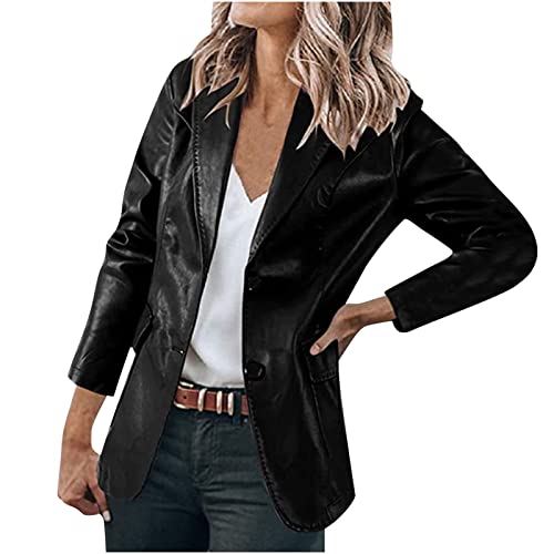 Damen Lederblazer Temperament Lederhemd Elegant Langarm Blazer Longblazer Einfarbig Slim Fit Jacke Ohne Verschluss Strickjacke Reverskragen Übergangsjacke Leder Motorradjacke Business Anzugjacke von TRIGLICOLEUM