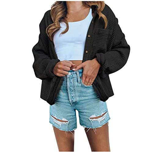 Damen Waffle Hemdjacke Lässige Einfarbige Strickjacke Lockere Langarm Jacke Revers Hemdbluse Übergangsjacke Offener Vorderseite Cardigan Tops Herbst Winter Leicht Mantel Freizeithemd mit Tasche von TRIGLICOLEUM